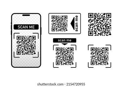Set Scan me icons frame with Qr code and smartphone isolated on white background. Qr code for payment, advertising, mobile app vector illustration.