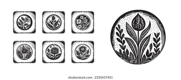Set of scandi block print floral motif for vintage collection. Monochrome folk art botanical clip art group. 