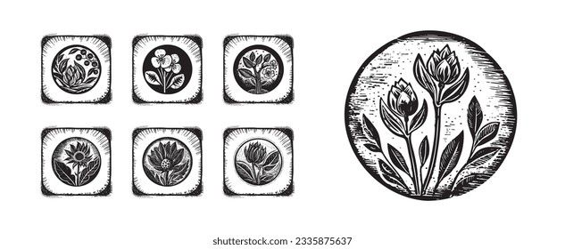 Set of scandi block print floral motif for vintage collection. Monochrome folk art botanical clip art group. 