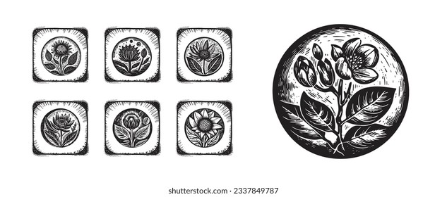 Set von Skandinavien Block Blumenmotiv für Vintage Kollektion. Monochrome Folk Art botanische Clip-Art Gruppe. 