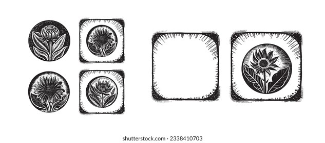 Set of scandi block print floral motif for vintage collection. Monochrome folk art botanical clip art group. 