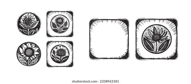 Set of scandi block print floral motif for vintage collection. Monochrome folk art botanical clip art group. 