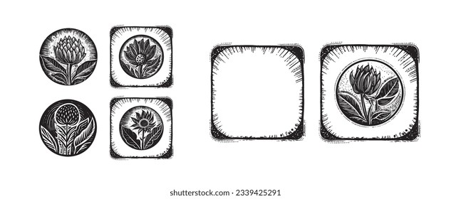 Set of scandi block print floral motif for vintage collection. Monochrome folk art botanical clip art group. 