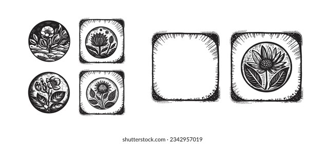 Set of scandi block print floral motif for vintage collection. Monochrome folk art botanical clip art group. 
