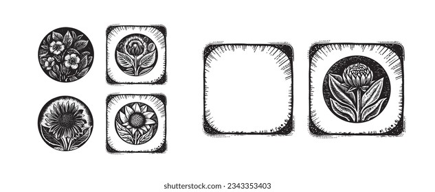 Set von Skandinavien Block Blumenmotiv für Vintage Kollektion. Monochrome Folk Art botanische Clip-Art Gruppe. 
