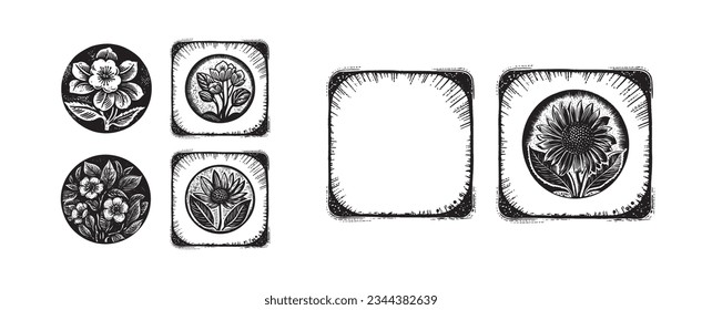 Set of scandi block print floral motif for vintage collection. Monochrome folk art botanical clip art group. 