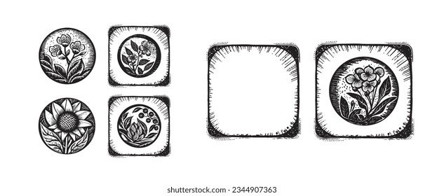 Set of scandi block print floral motif for vintage collection. Monochrome folk art botanical clip art group. 