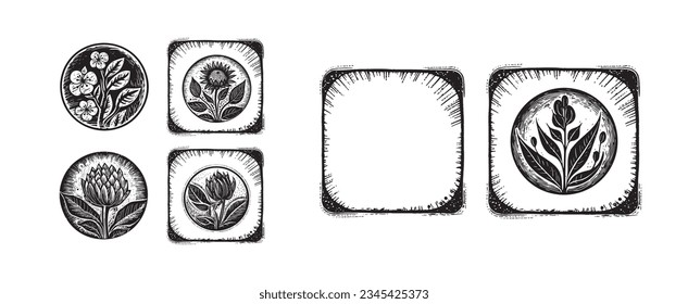Set von Skandinavien Block Blumenmotiv für Vintage Kollektion. Monochrome Folk Art botanische Clip-Art Gruppe. 