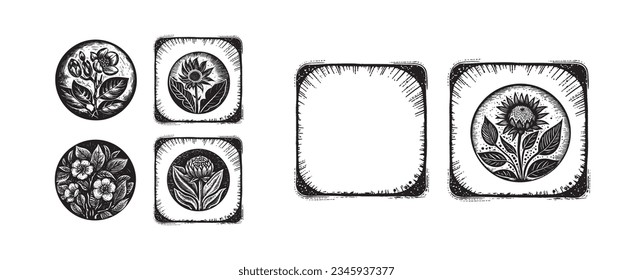 Set of scandi block print floral motif for vintage collection. Monochrome folk art botanical clip art group. 