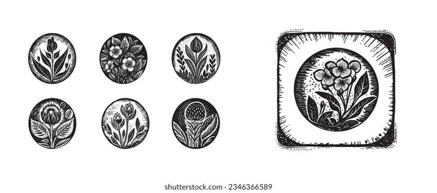 Set of scandi block print floral motif for vintage collection. Monochrome folk art botanical clip art group. 