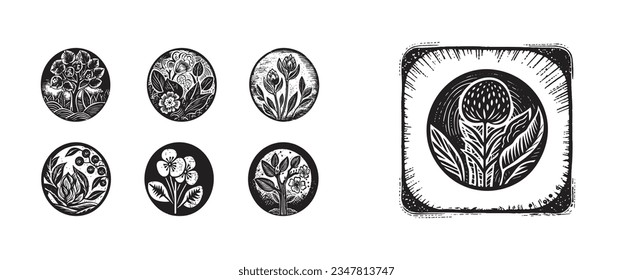 Set of scandi block print floral motif for vintage collection. Monochrome folk art botanical clip art group. 
