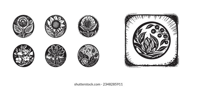 Set of scandi block print floral motif for vintage collection. Monochrome folk art botanical clip art group. 