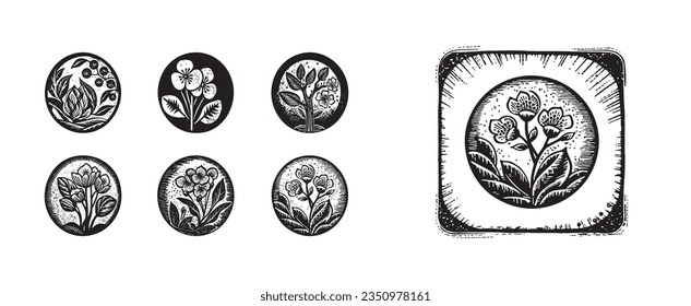 Set of scandi block print floral motif for vintage collection. Monochrome folk art botanical clip art group. 