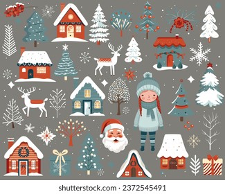 Set of scandi christmas elements. Hand drawn christmas illustration, cute houses, trees, deer, girl, santa claus.