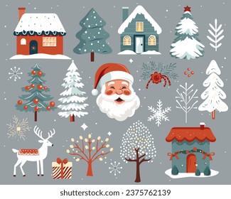 Set of scandi christmas elements. Hand drawn christmas illustration, cute houses, trees, deer, santa claus.