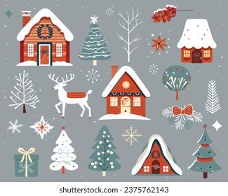 Set of scandi christmas elements. Hand drawn christmas illustration, cute houses, trees, deer, snowflakes.