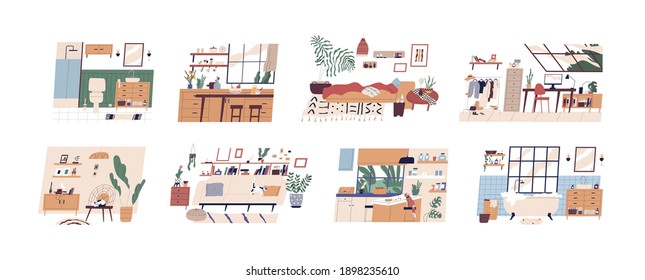 Set of scandi interiors isolated on white background. Cozy furnished rooms WC, bathroom, bedroom, living room, kitchen and workplace with houseplants and modern furniture. Flat vector illustration