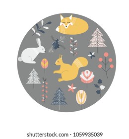 Set of scandinavian animals and floral elements isolated in circle. Vector illustration for your design.
