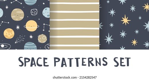 Set of scandinavian astronomy patterns with stars and planets. Cute collection of space seamless prints for baby.