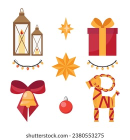 Set of Scandinavian Christmas decorations. Flat vector elements.