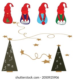 A set of Scandinavian Christmas Gnomes; a vector flat illustration.Abstract trees and star.