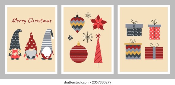 Set of Scandinavian Christmas greeting cards. Festive cute gnome, gifts, Christmas tree, glass balls and decorations, baubles, snowflakes. X-mas. New Year. Christmas festive postcard, flyer, layout.
