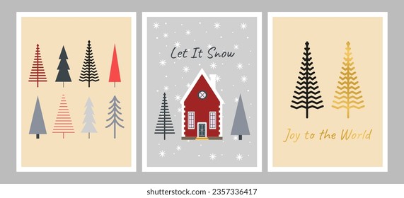 Set of Scandinavian Christmas greeting cards. Festive winter houses, Christmas trees, snowflakes. X-mas. New Year. Christmas festive postcard, flyer, layout, template.