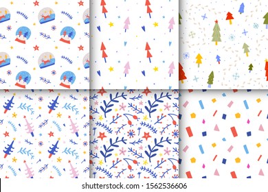 Conjunto de navidades escandinavas sin fisuras patrones vectoriales. Sólidos fondos sencillos de invierno para niños, bolas de vidrio, abetos, adornos florales, confetti abstracto, bueno como papel de envolver.