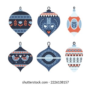 Set of Scandinavian Christmas Tree Decoration Baubles and Colorful Cute Glass Toys Isolated on White Background. Festive Decor for Fir-tree, Xmas Celebration. Cartoon Vector Illustration, Icons