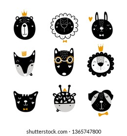 Set of scandinavian cute animals. Fox, hare, wolf, bear, lion, giraffe, dog, cat. Vector childish illustration isolated on white background. Elements. Print for nursery, kids apparel,poster, postcard.