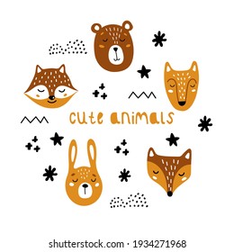 Set of scandinavian cute animals. Fox, hare, wolf, bear, raccoon. Vector childish illustration isolated on white background. Elements. Print for nursery, kids apparel,poster, postcard.