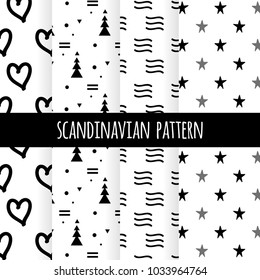 Set of scandinavian design patterns,vector art graphic.Black white cards in simple north style with cute hand drawn backdrops,nordic abstract textures for baby prints,textile,postcards,decorations