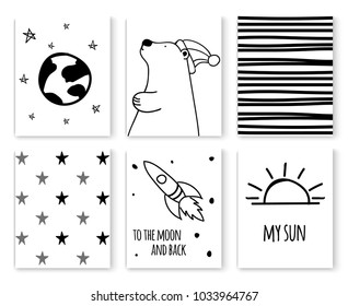 Set of scandinavian design patterns,vector art graphic.Black white cards in simple north style with cute hand drawn backdrops illustrations-cartoon bear character,stars,Earth,space rocket,rising sun