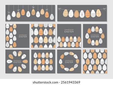 Set of scandinavian Easter eggs backgrounds with primitive geometric ornament