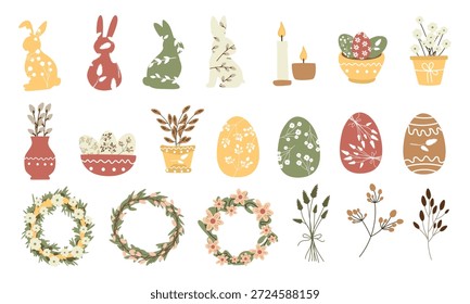Conjunto de ilustrações da Páscoa escandinava com silhuetas de coelho, ovos de Páscoa decorados, grinaldas florais, flores de primavera, ramos, velas, vasos e vasos de flores em cores pastel macias