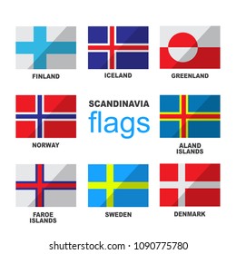 Set of Scandinavian flags isolated on white background. Finland, Iceland, Greenland, Norway, Aland Islands, Faroe Islands, Sweden and Denmark national symbols. Vector flat design collection.