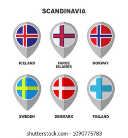 Set of Scandinavian flags isolated on white background. Finland, Iceland, Faroe Islands, Norway,  Sweden and Denmark national symbols. Vector flat design collection.