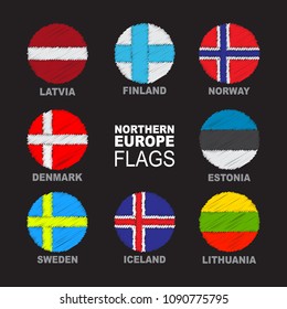 Set of Scandinavian flags isolated on black background. Finland, Iceland, Greenland, Norway, Aland Islands, Faroe Islands, Sweden and Denmark national symbols. Vector collection.