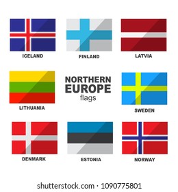 Set of Scandinavian flags isolated on white background. Finland, Iceland, Greenland, Norway, Aland Islands, Faroe Islands, Sweden and Denmark national symbols. Vector flat design collection.