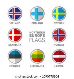 Set of Scandinavian flags isolated on white background. Finland, Iceland, Greenland, Norway, Aland Islands, Faroe Islands, Sweden and Denmark national symbols. Vector flat design collection.