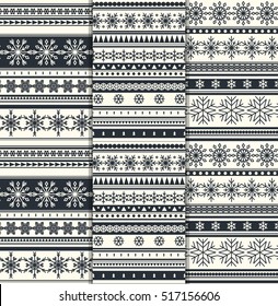 Set of Scandinavian flat style seamless patterns with snowflakes and geometric elements. Vector flat design.