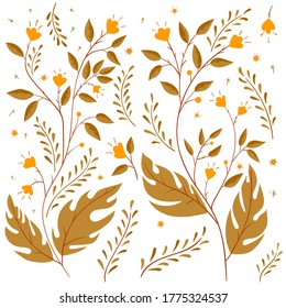 Set of scandinavian flowers and plants in doodle style isolated on white background. Hand drawn vintage floral elements. Vector flat illustration