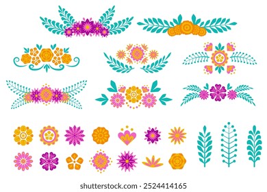 Set Scandinavian folk art symmetrical flowers. Flower composition border line. Decorative elements for weddings, holidays, accessories