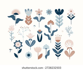 Set von skandinavischen Volksblumen Vektorgrafik. Symmetrische Blüten blüht und botanische Elemente, traditionelle nordische Frühlingsdekor und skurrile Blumenschmuck einfache Formen Sammlung