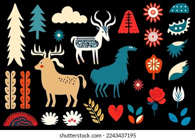 Set of Scandinavian folk objects isolated. 
Collection of animals, deer, reindeer, pine trees and traditional north ethnic elements in the Scandinavian style. Vector icons. Nordic retro design