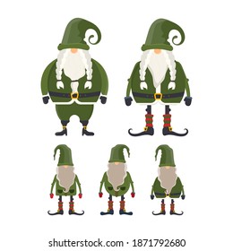 Set of Scandinavian gnomes with beard, pigtails and green clothes. Vector.