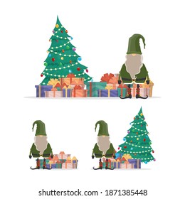 Set of Scandinavian gnomes with a mountain of gifts and a Christmas tree. Little man with a white beard in black clothes isolated on a white background. Vector.