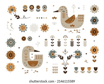 Conjunto de ganso y pato escandinavos con adorno floral. Aves y flores de tono de la Tierra. Diseño de Arte Popular. Ilustración del vector