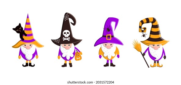Set of scandinavian halloween gnomes in witch hats. Cute holiday print. Vector flat illustration