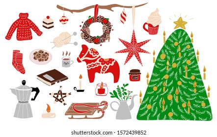 Set of Scandinavian hygge elements for cute and cozy winter home. Nordic Christmas vector illustration. Flat style icons and clip art.